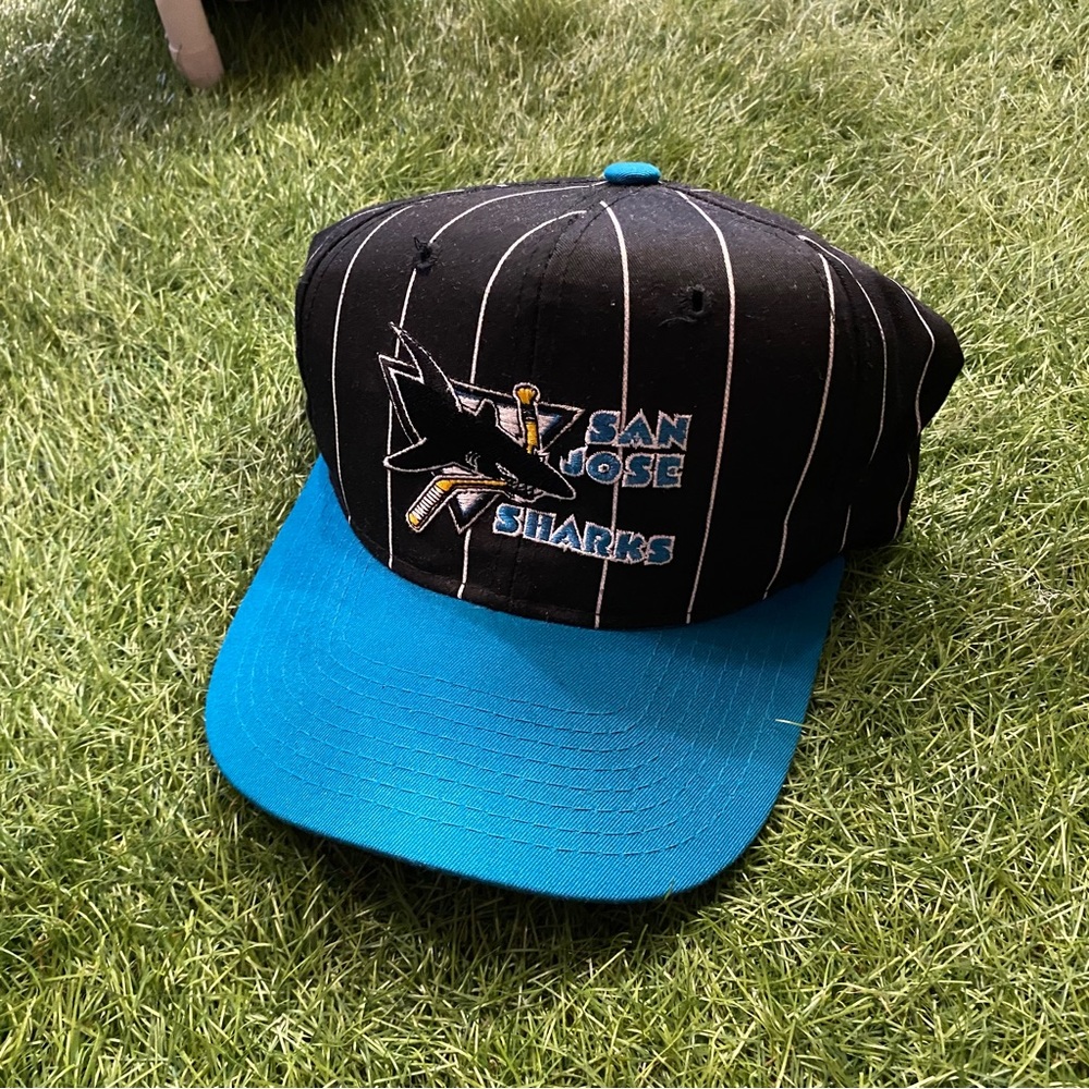 Vintage San Jose Sharks Starter snapback pinstripe with teal brim 90s NHL hockey